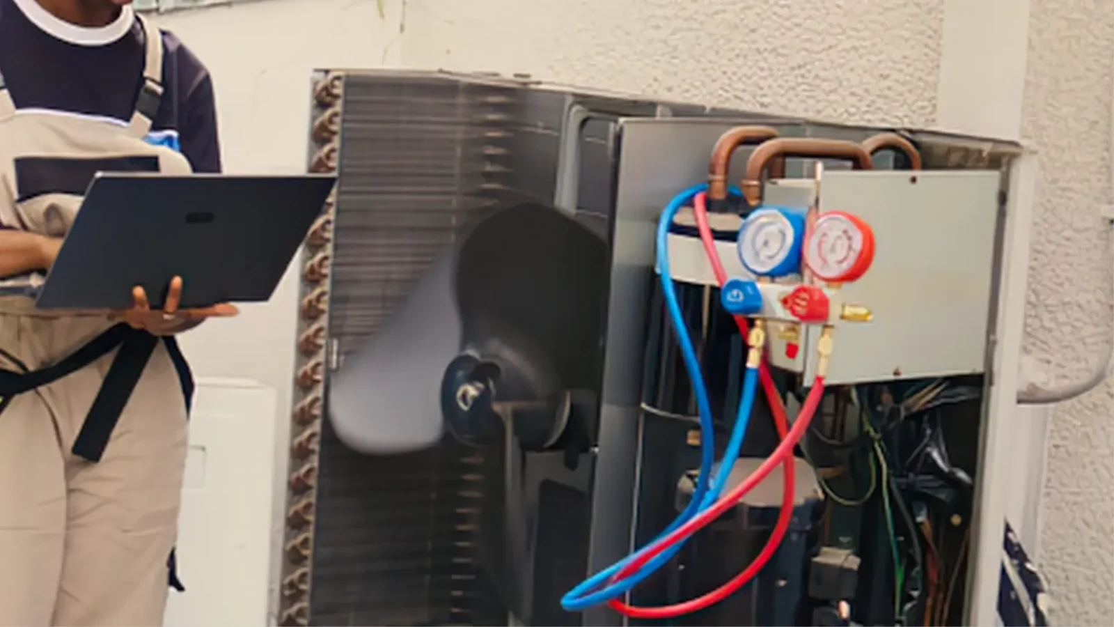 Technician holding a laptop beside an open outdoor air conditioning unit and pressure gauges