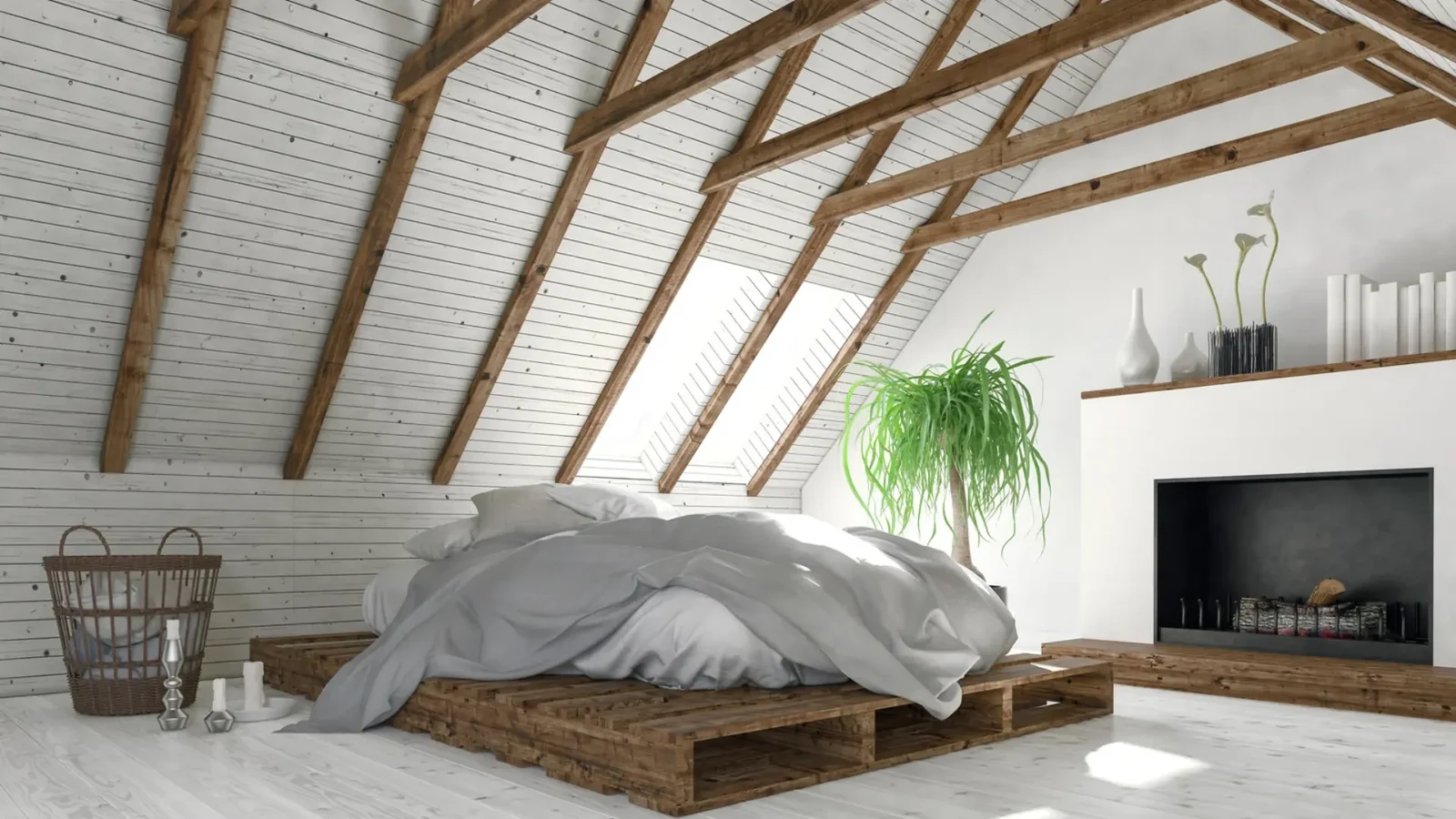 Loft bedroom with exposed roof beams and skylights