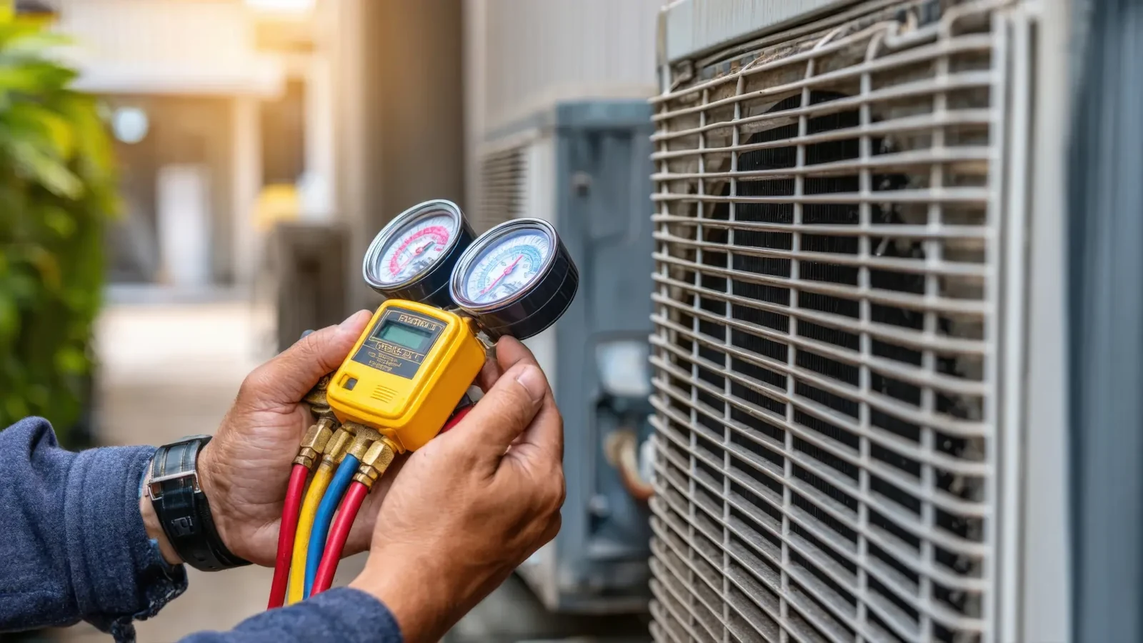 Hands checking pressure gauges beside an outdoor air conditioning condenser